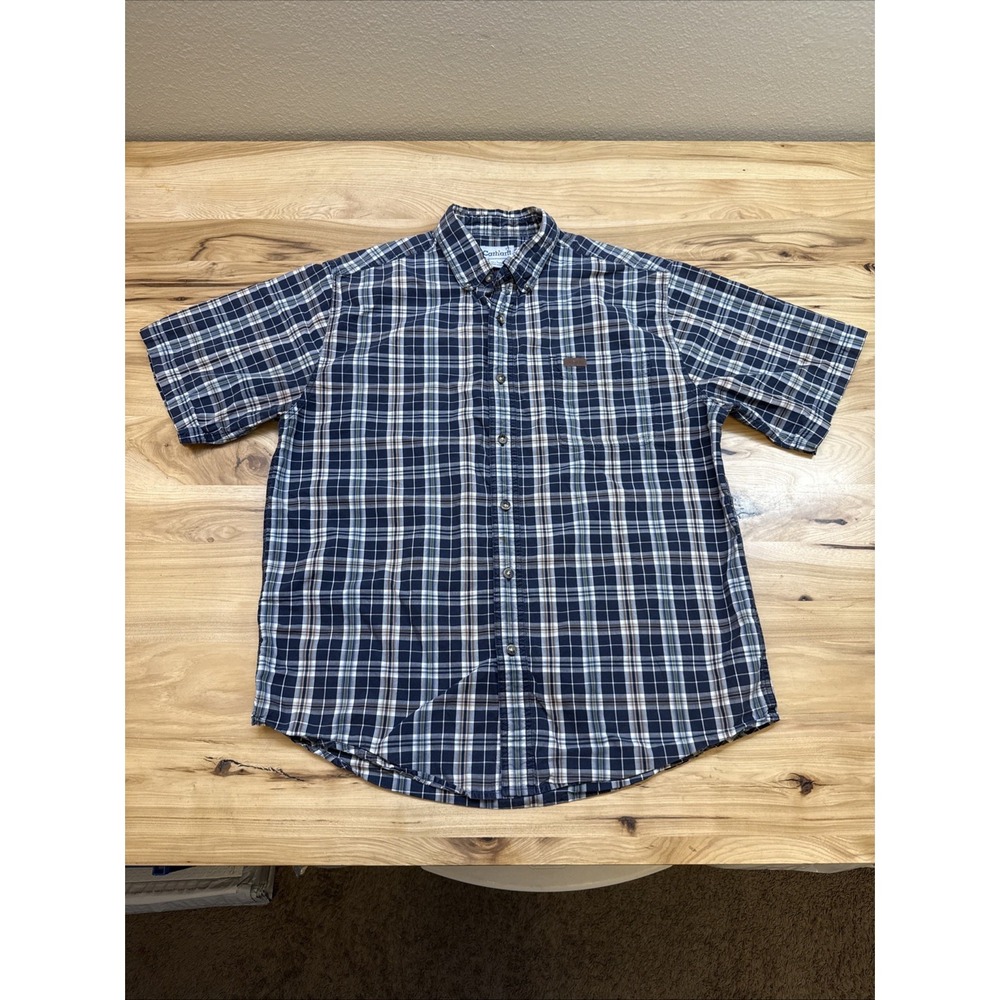 Carhartt S163 Men's Navy Blue Plaid Short Sleeve Button Up Shirt Size Large